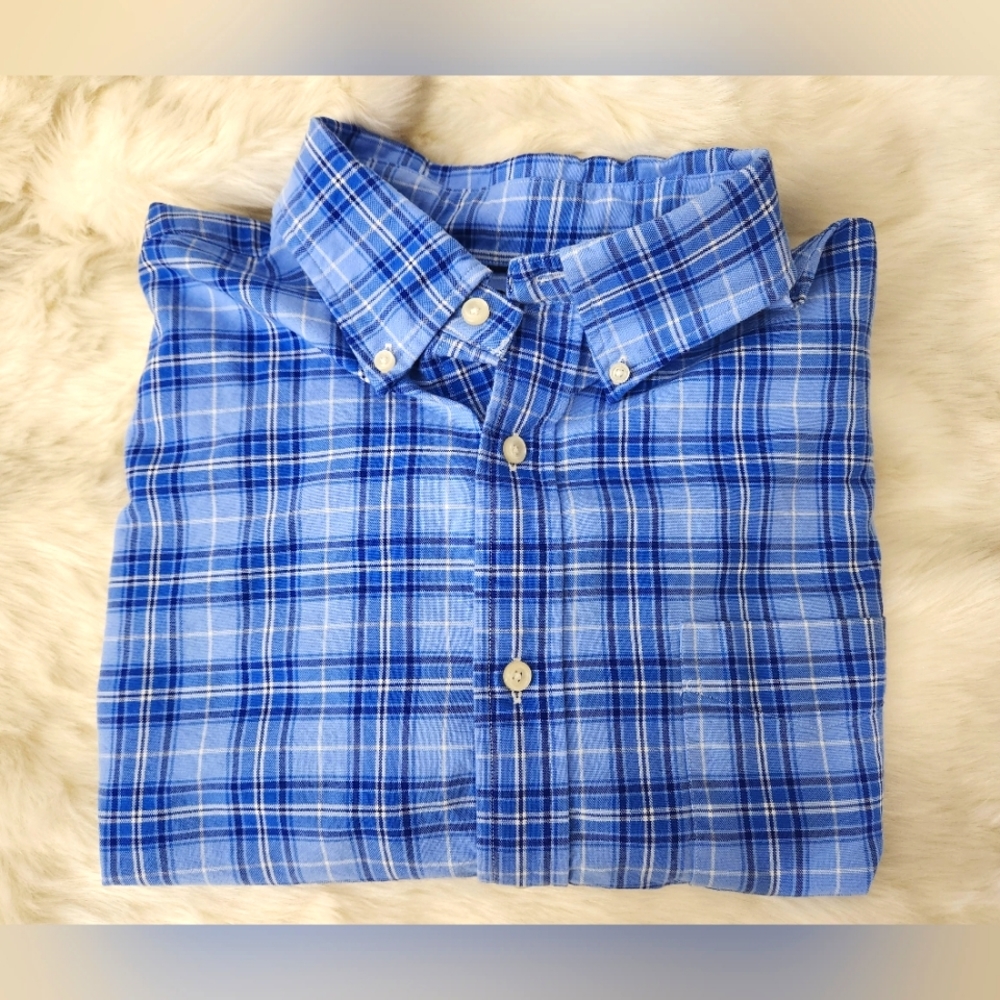 Cremieux Classics Supima Cotton Large Blue Plaid Button Down Short Sleeve Shirt